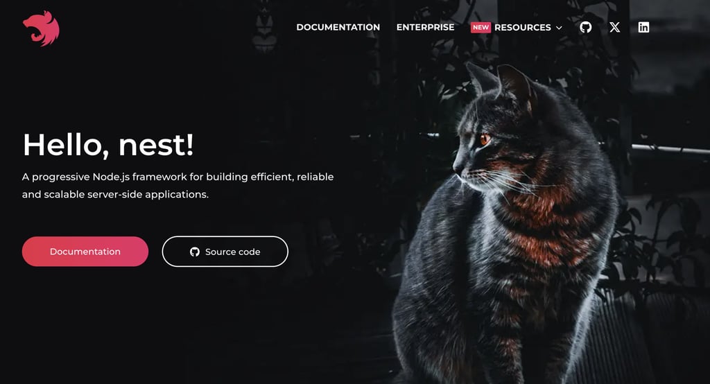 Website homepage for Nest.js showing a dark-themed design with a cat image and text about a Node.js framework.