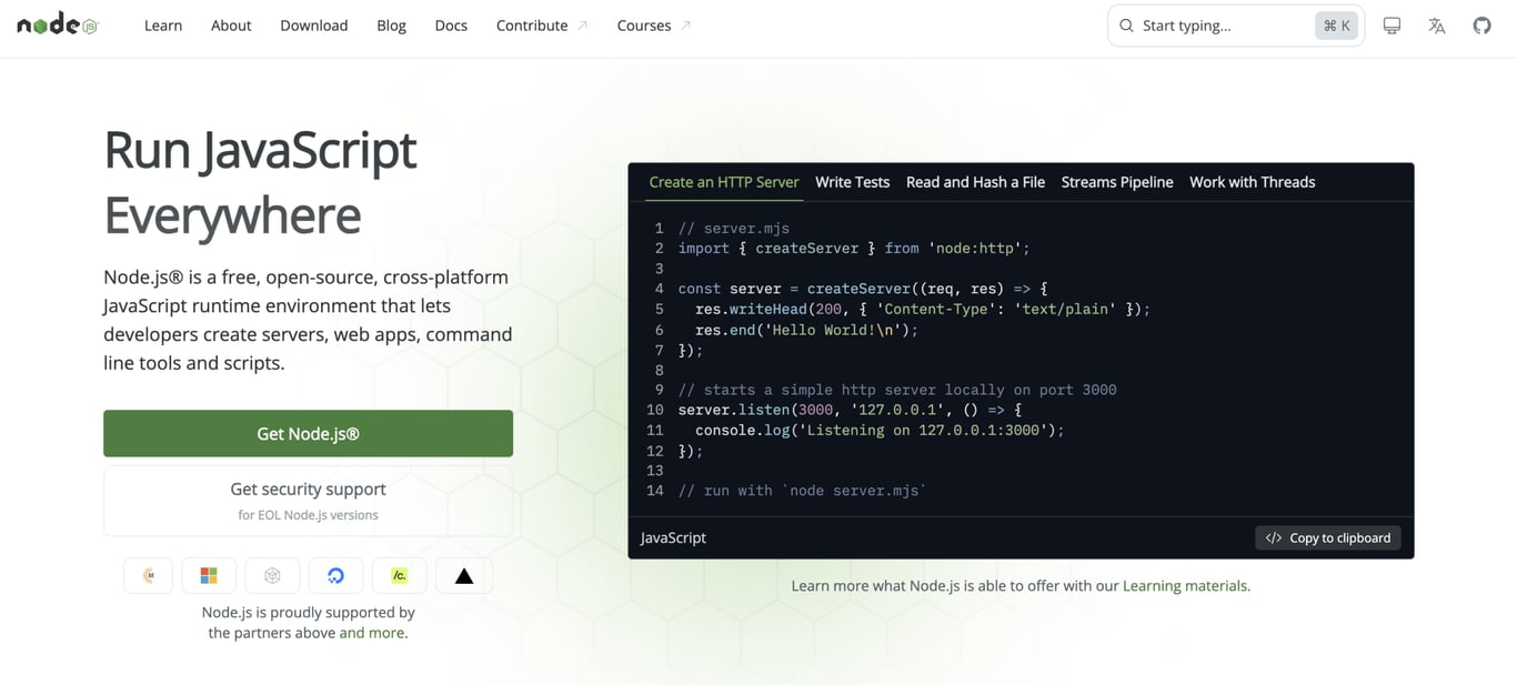 Node.js homepage showing JavaScript code to create a simple HTTP server that responds with "Hello World" on localhost port 3000.