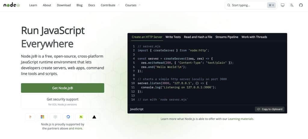 Node.js homepage showing JavaScript code to create a simple HTTP server that responds with "Hello World" on localhost port 3000.