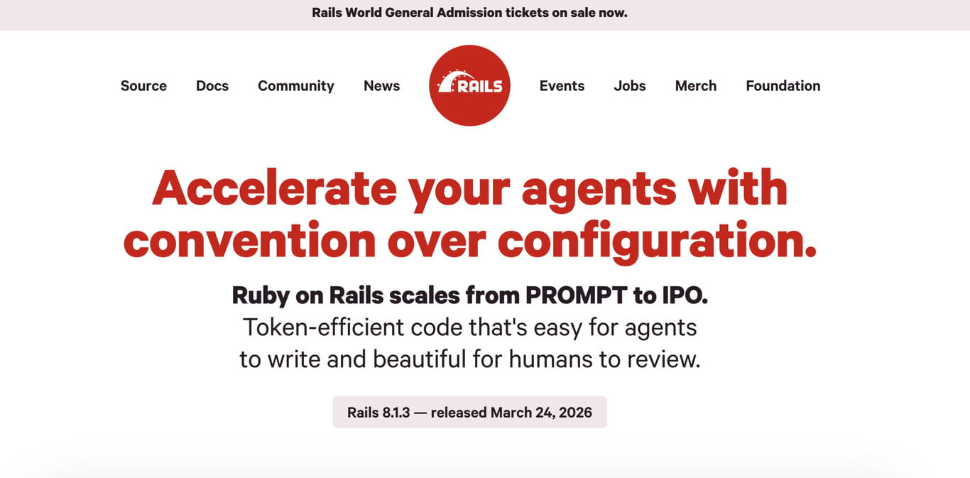 Ruby on Rails homepage promoting version 8.1.3, highlighting convention over configuration, token-efficient code, and ticket sales for Rails World event.