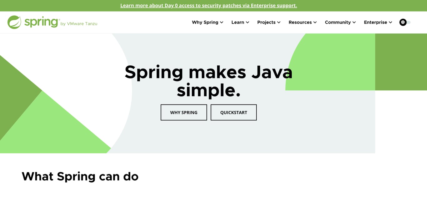 Green and white website with text "Spring makes Java simple" in bold black. Includes “Why Spring” and “Quickstart” buttons. Modern, clean design.