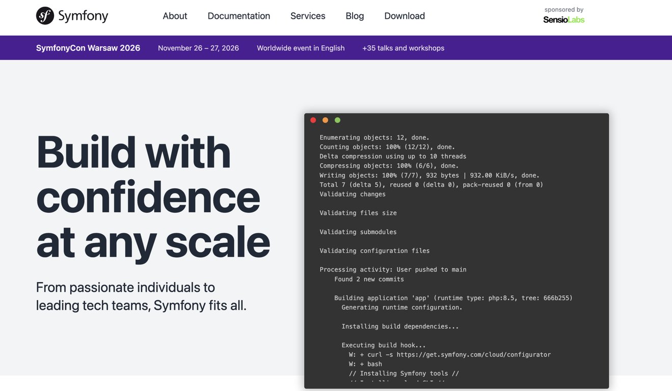 Symfony website homepage with tagline "Build with confidence at any scale" and code snippet of a build process in terminal.