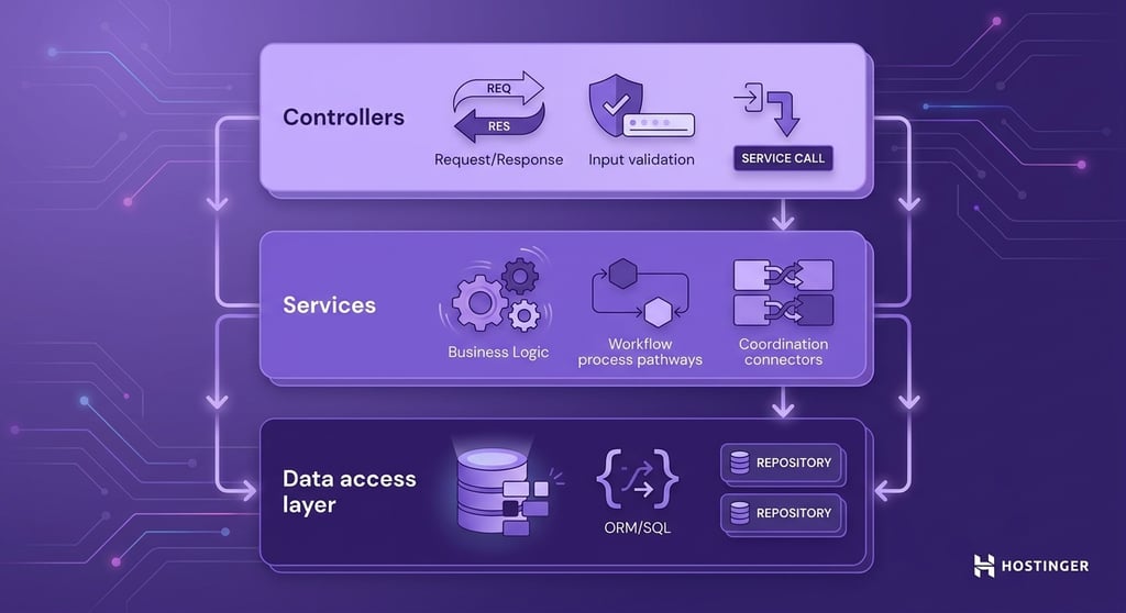 Diagram illustrating software architecture layers: Controllers handle requests/validation, Services manage logic/workflow, and Data Access Layer manages database access.