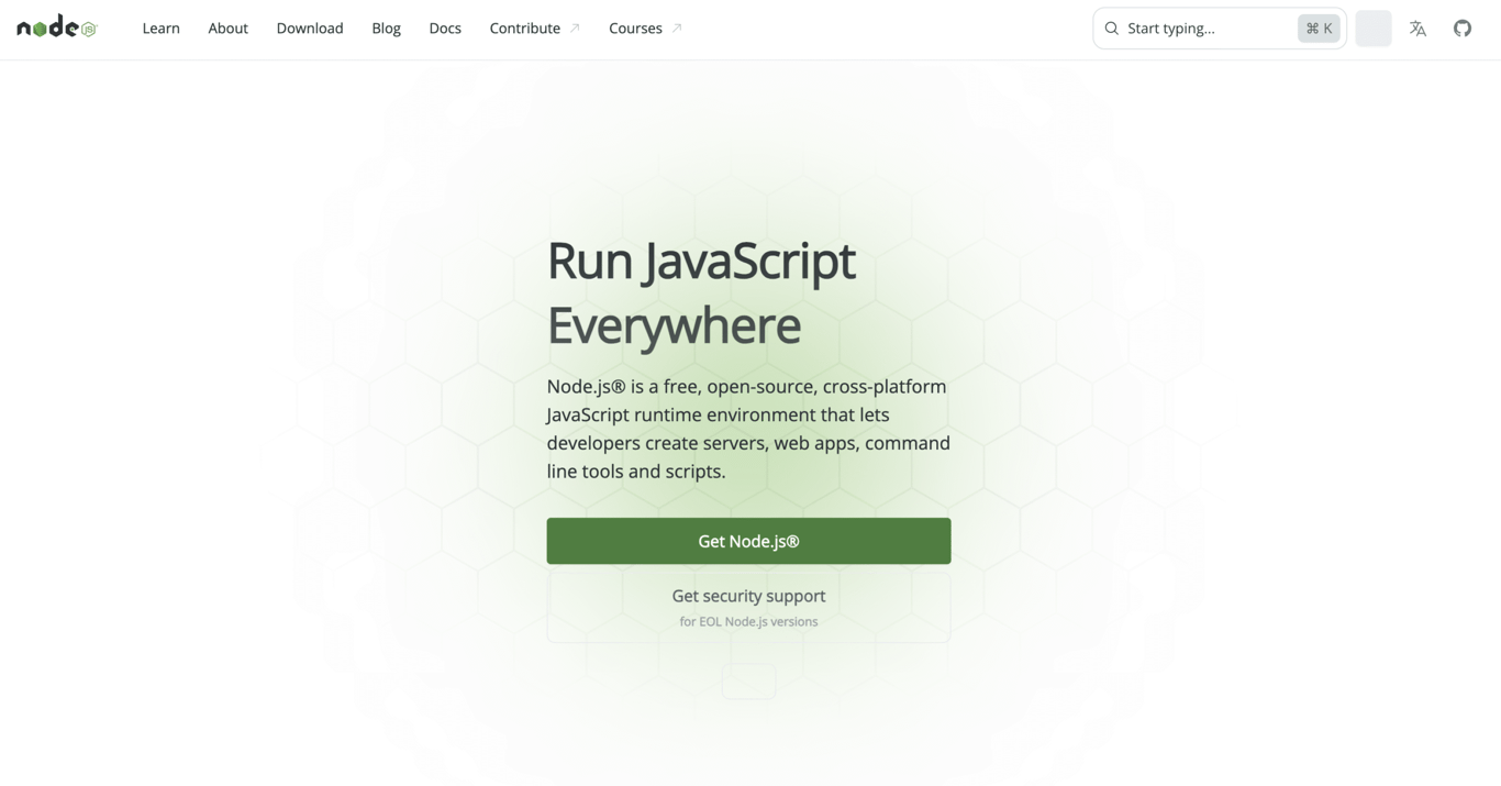 Node.js homepage with a green gradient background, featuring the text 'Run JavaScript Everywhere' and a button labeled 'Get Node.js'