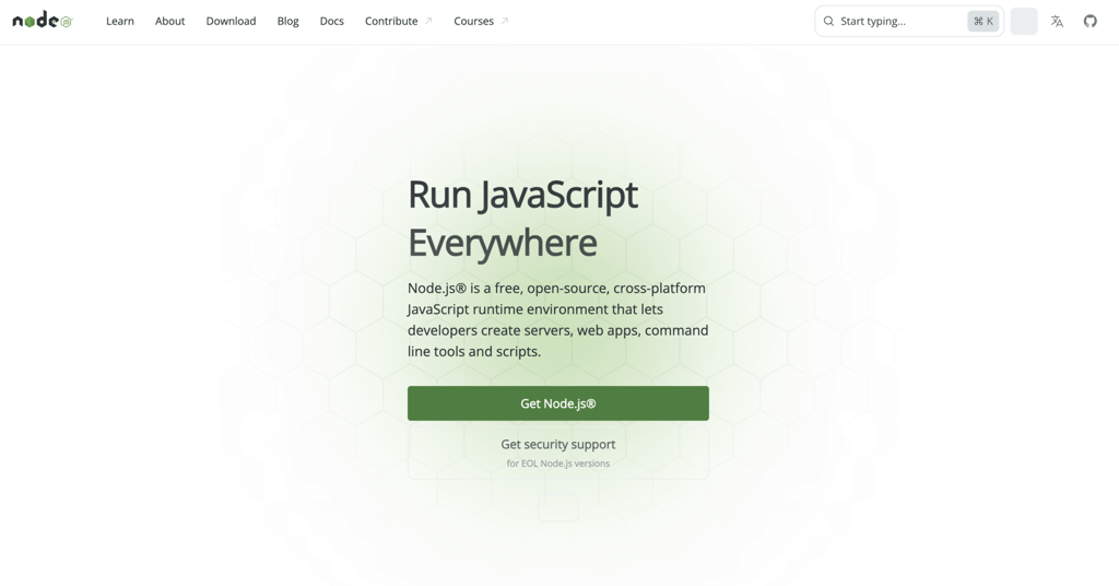 Node.js homepage with a green gradient background, featuring the text 'Run JavaScript Everywhere' and a button labeled 'Get Node.js'