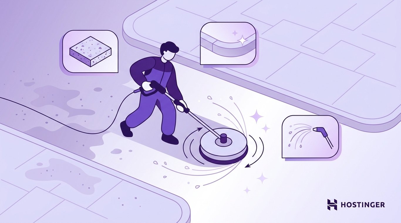 A person cleans a path with a floor machine, surrounded by icons showing floor layers, sparkle effects, and a water sprayer. The tone is informative and clean.