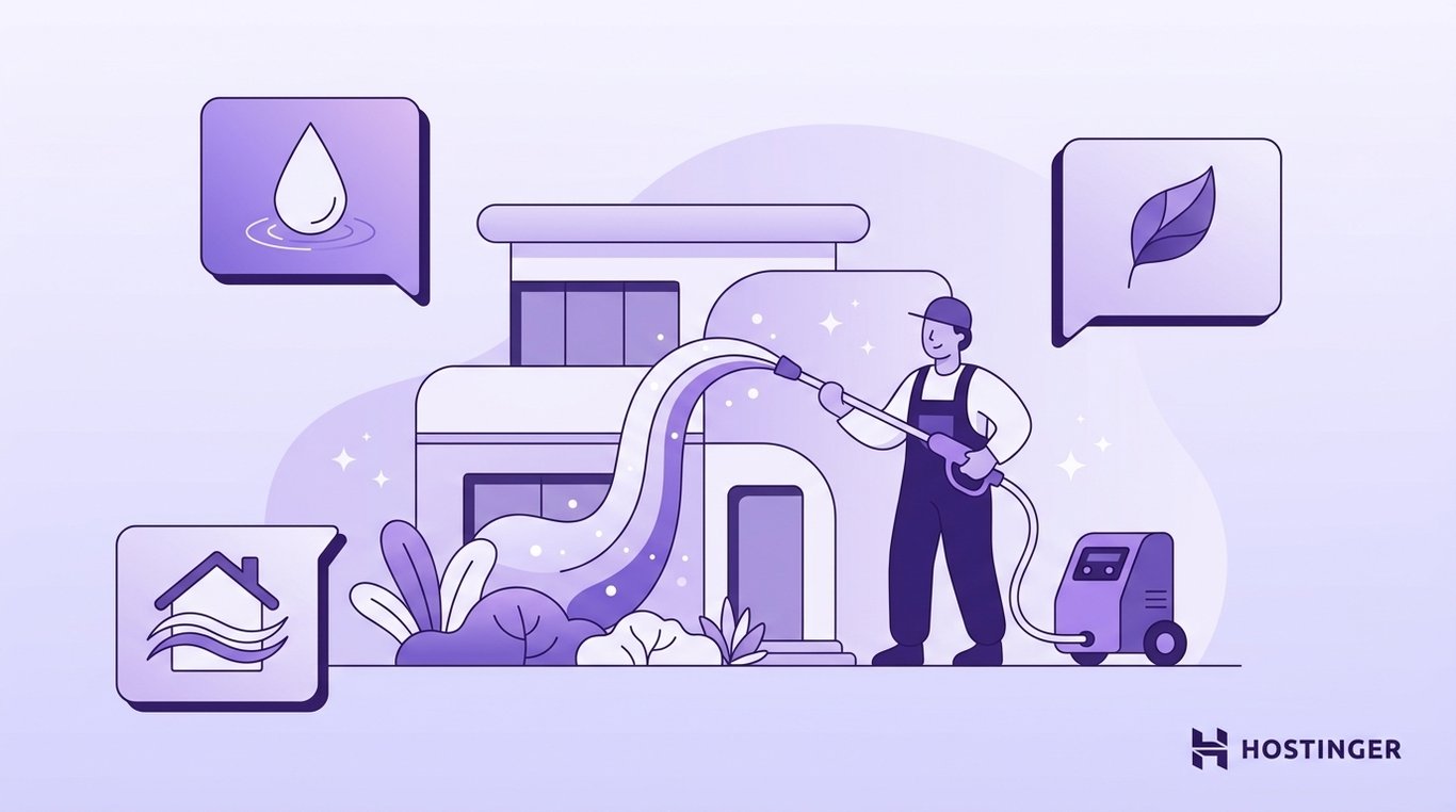 Illustration of a person in overalls pressure washing a modern house surrounded by plants. Icons of a water droplet, leaf, and a house add visual context.