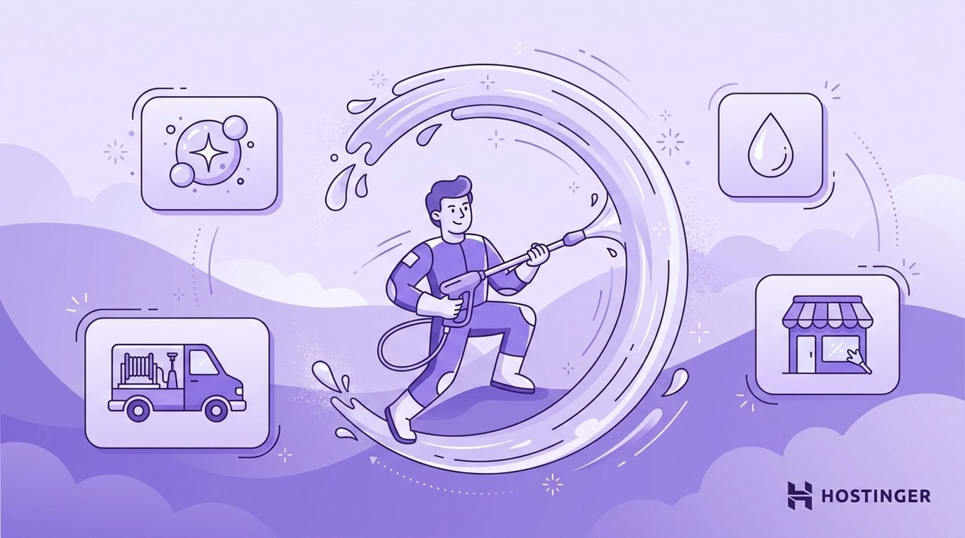 Illustration of a person pressure washing surrounded by icons of cleaning, water, service truck, and a storefront.