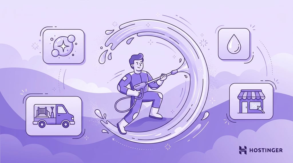 Illustration of a person pressure washing surrounded by icons of cleaning, water, service truck, and a storefront.