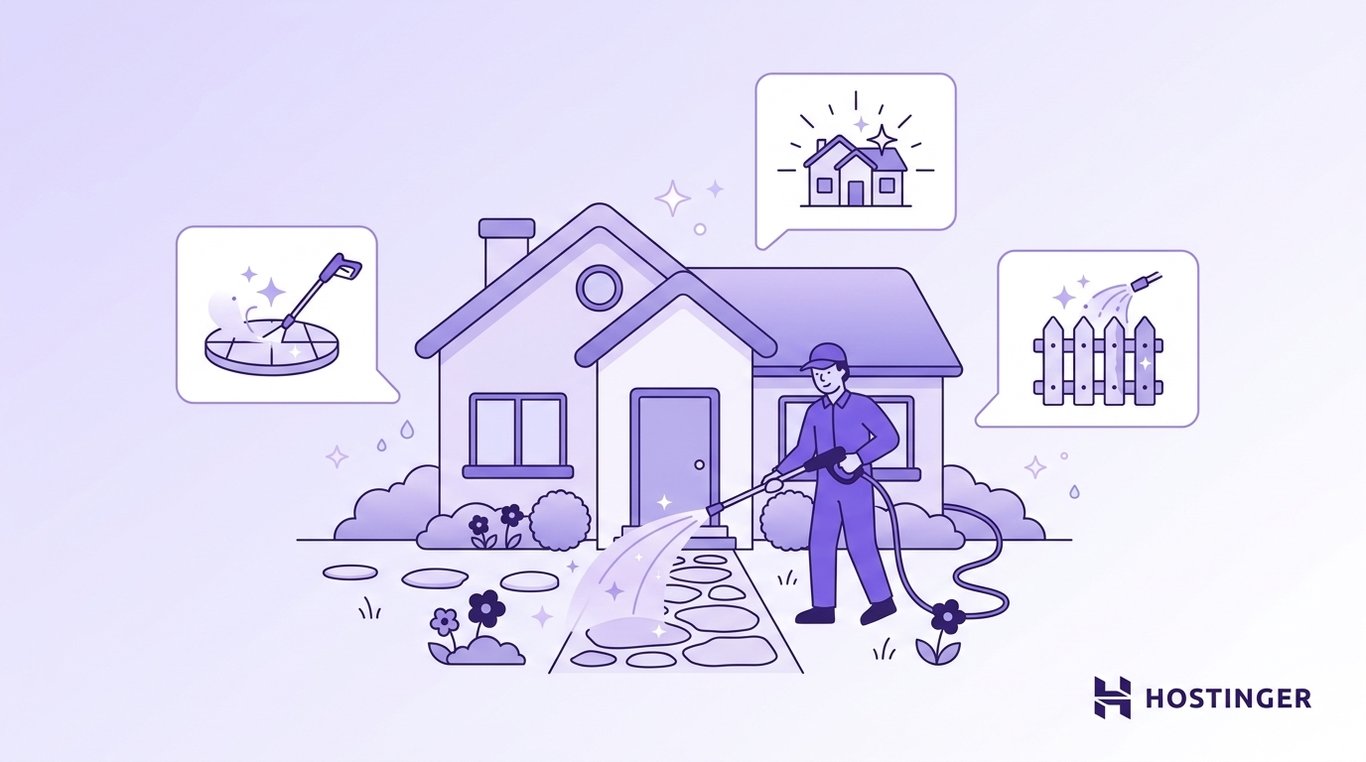 Person pressure washing a stone pathway in front of a house, with icons showing cleaning driveway, house, and fence.