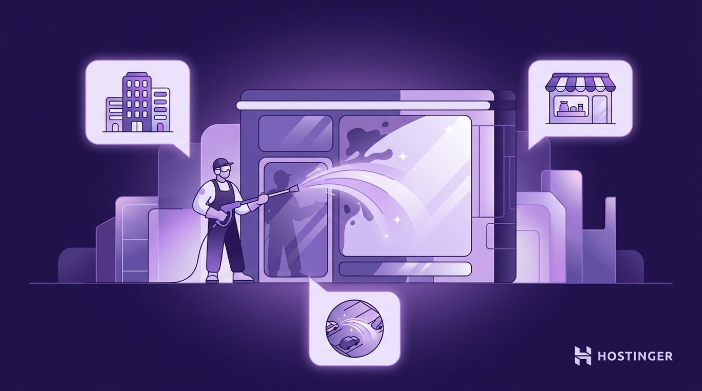 Illustration of a worker power washing a building facade, with icons representing offices, shops, and a clean environment.