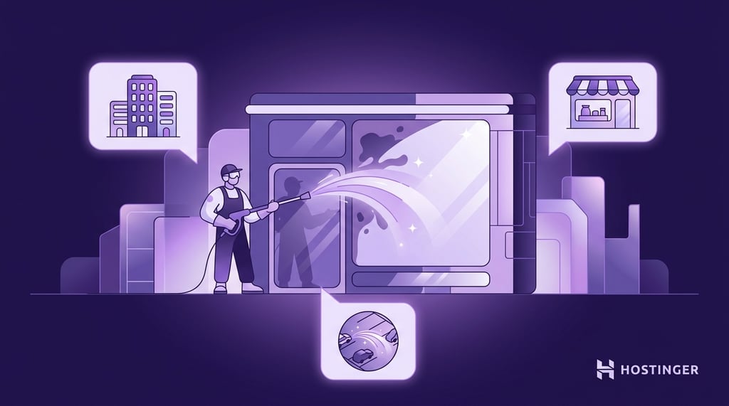 Illustration of a worker power washing a building facade, with icons representing offices, shops, and a clean environment.