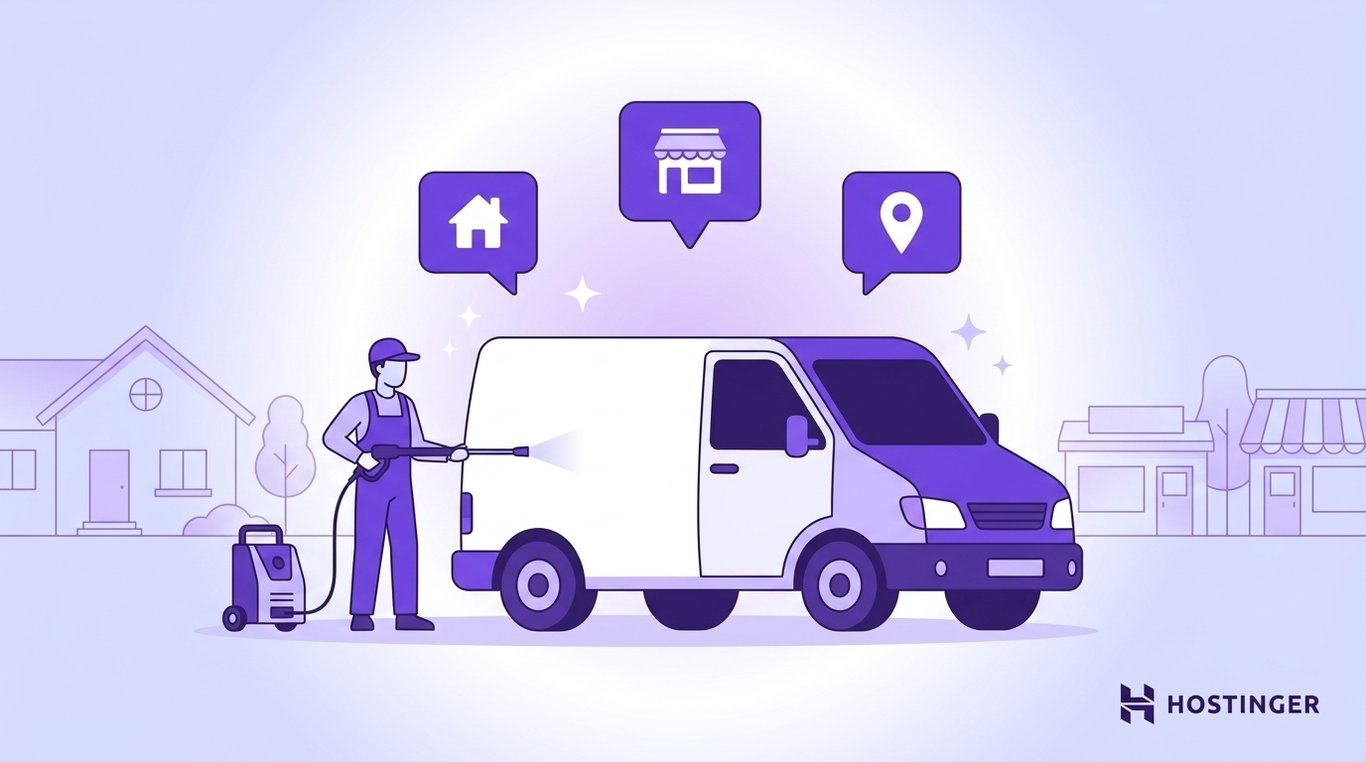 Illustration of a person power-washing a white van, surrounded by icons for home, shop, and location. Background shows a house and storefronts. Tone is clean and efficient.