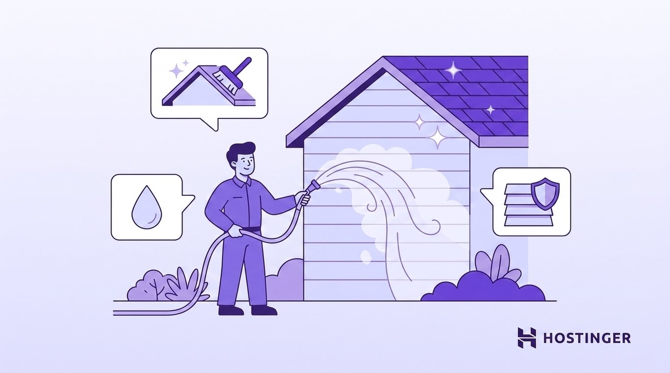 Person using a hose to clean a house exterior, with icons indicating roof cleaning, water use, and exterior protection.