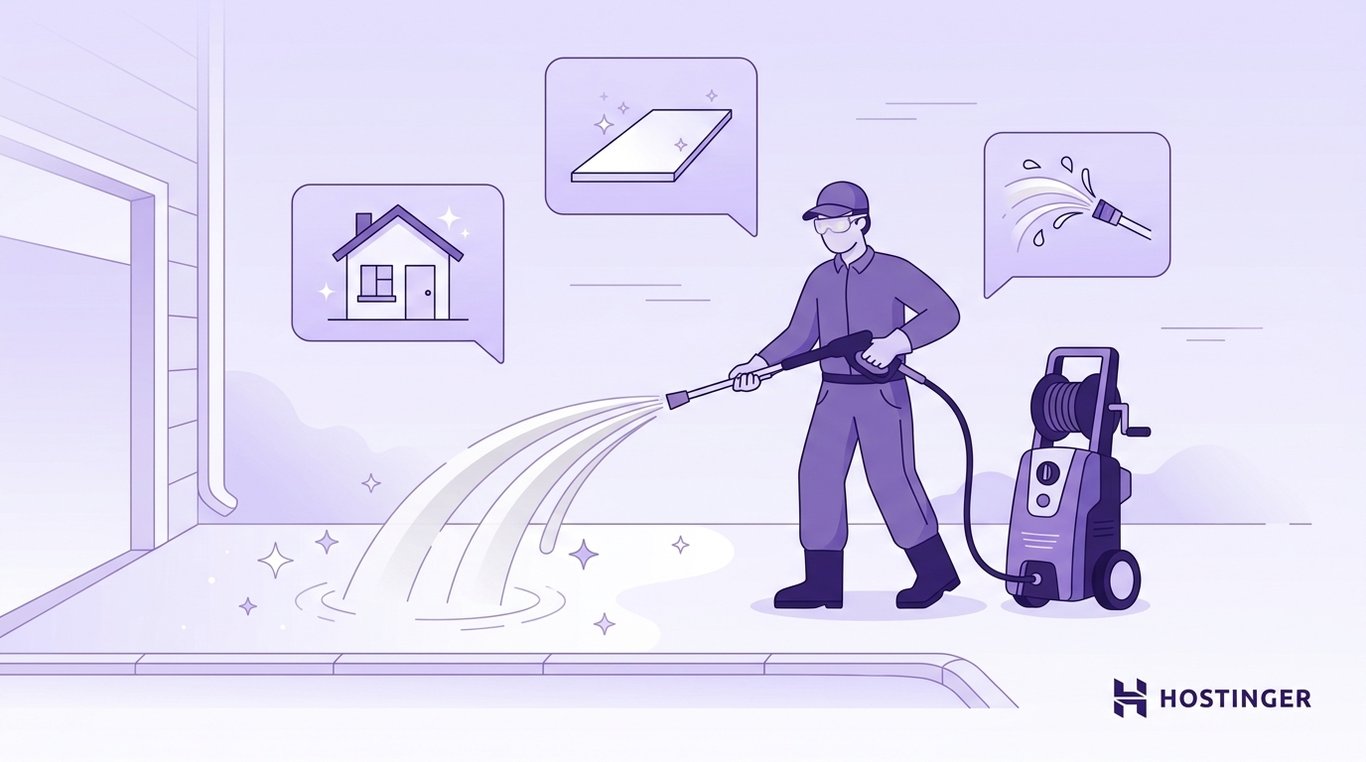 Person using a pressure washer to clean an outdoor surface, with icons of a house, clean tile, and water spray.