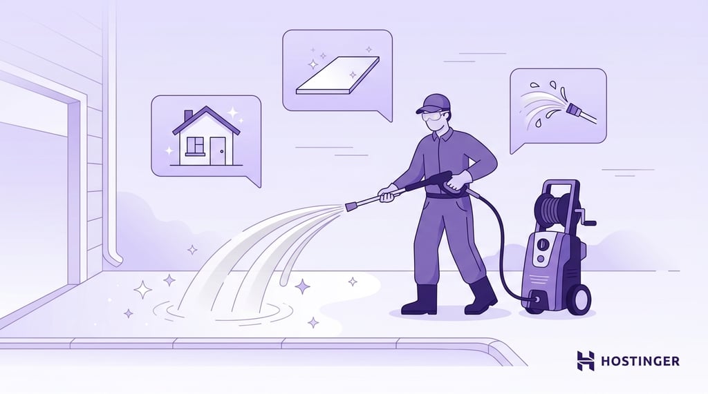 Person using a pressure washer to clean an outdoor surface, with icons of a house, clean tile, and water spray.