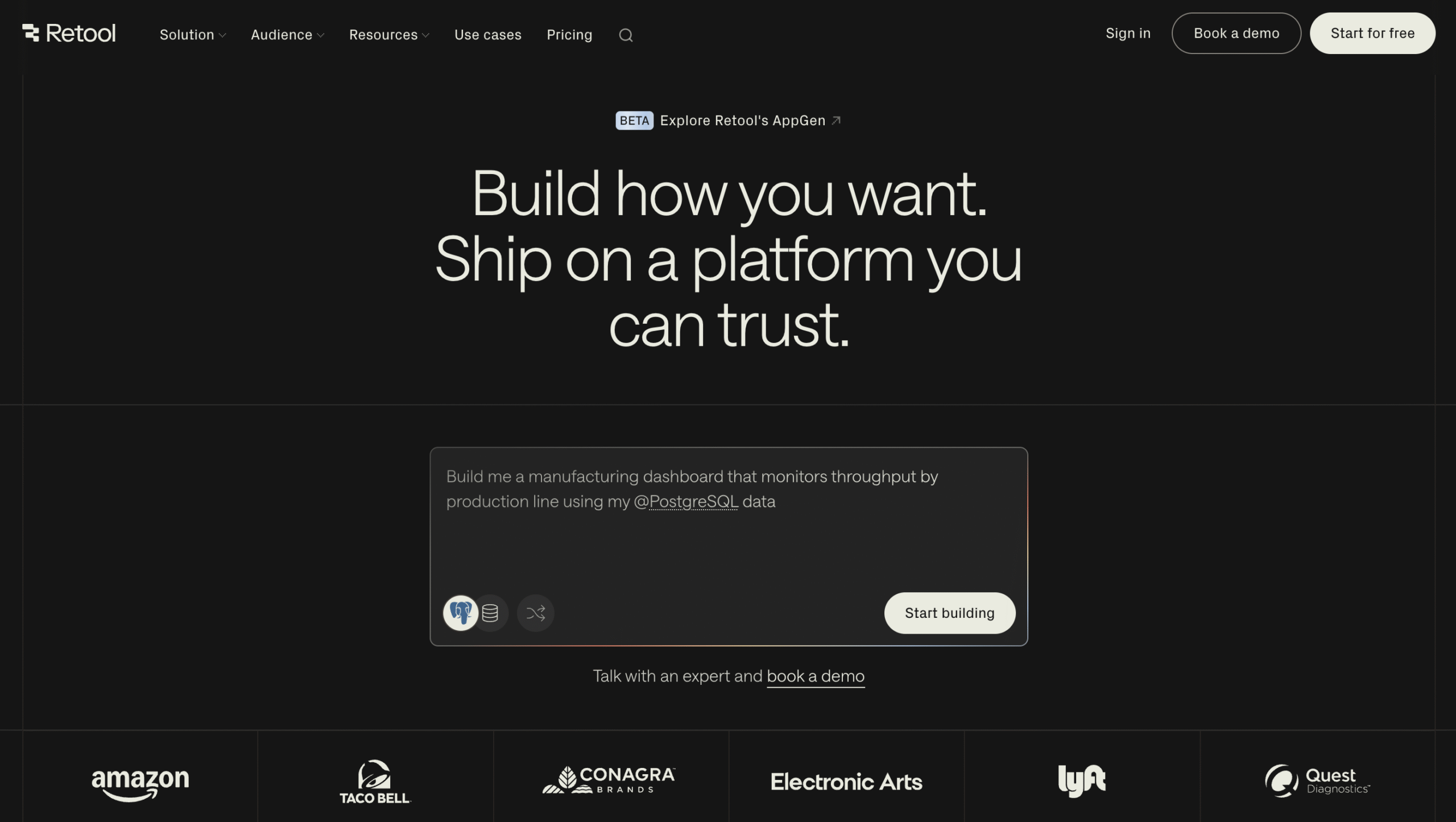 Homepage of Retool