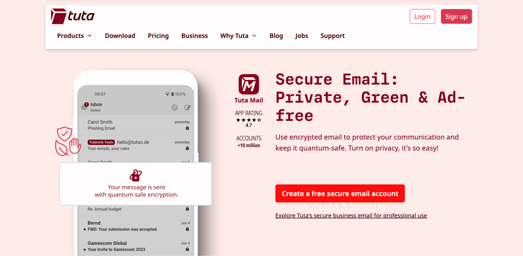 Tuta Mail's home page