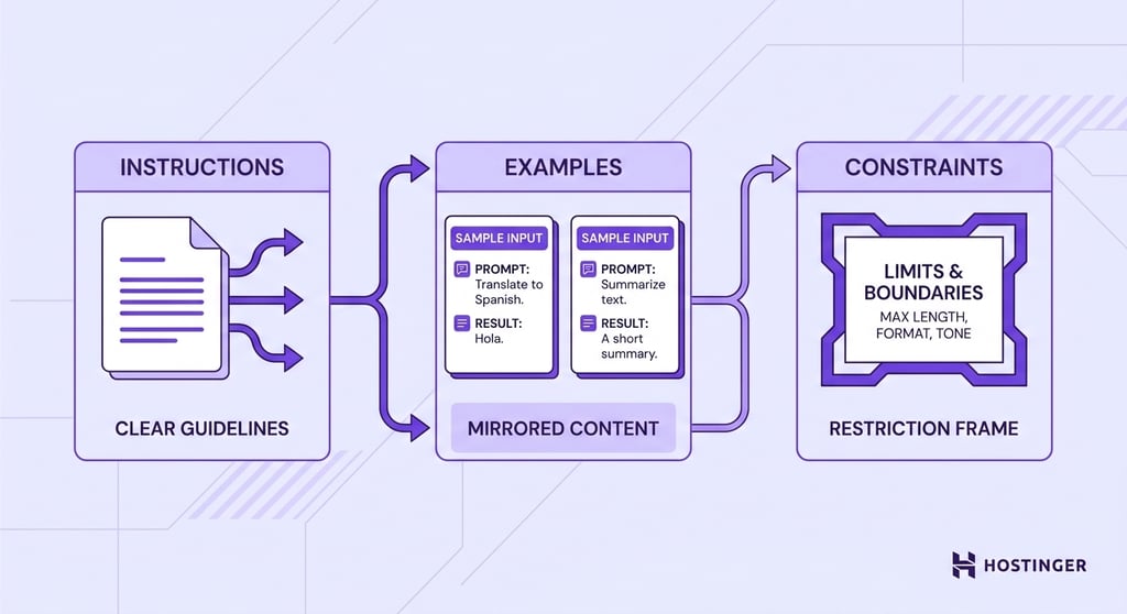 illustration of three modular panels representing Instructions, Examples, and Constraints — the core components of effective AI prompting.