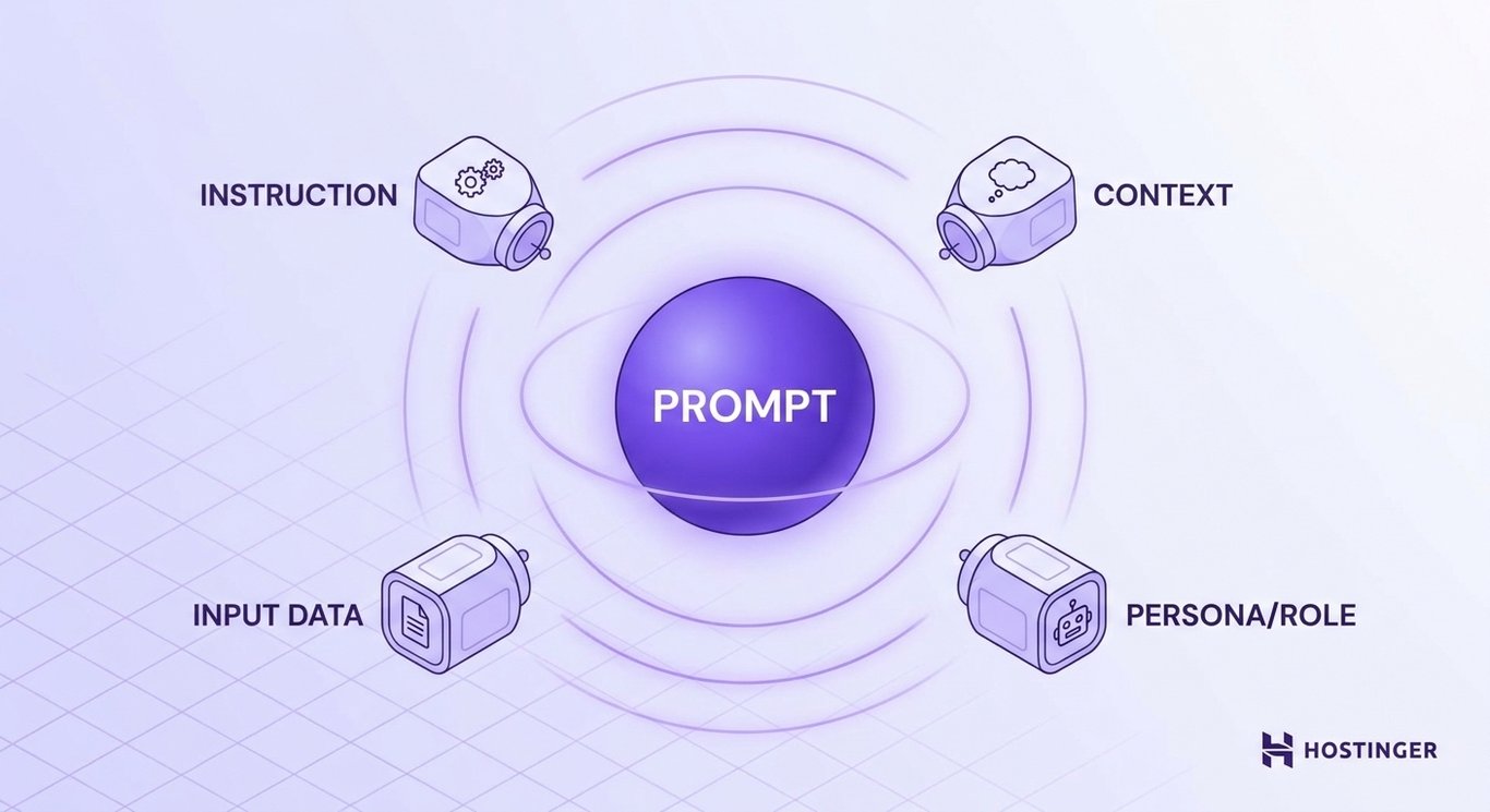 illustration showing four AI prompt components orbiting a central Prompt sphere — Instruction, Context, Input Data, and Persona/Role — on a soft lavender to white gradient background.