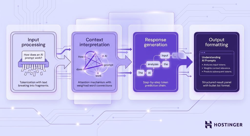 An illustration showing how a prompt works in AI. A horizontal flow diagram with four connected stages: Input processing (tokenization), Context interpretation (attention mechanism), Response generation (token prediction), and Output formatting (structured output). Connected by directional arrows on a pale lavender background with subtle circuit trace patterns.