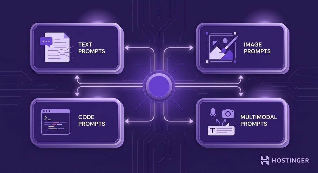 illustration showing four AI prompt types — Text, Image, Code, and Multimodal — as interconnected modular panels in a dark purple technical system design with circuit trace