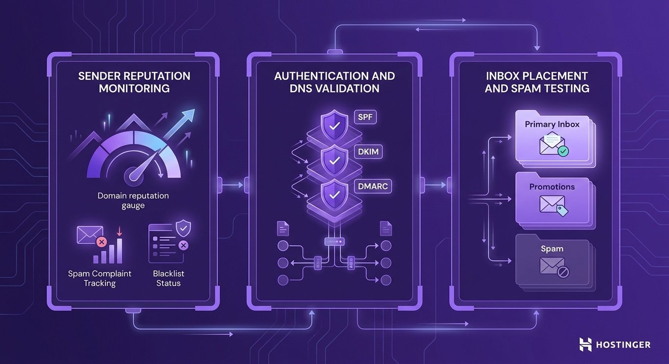 llustration showing three categories of email deliverability tools: sender reputation monitoring (left), authentication and DNS validation (center), and inbox placement and spam testing (right), connected as a unified technical ecosystem on a purple-spectrum background.