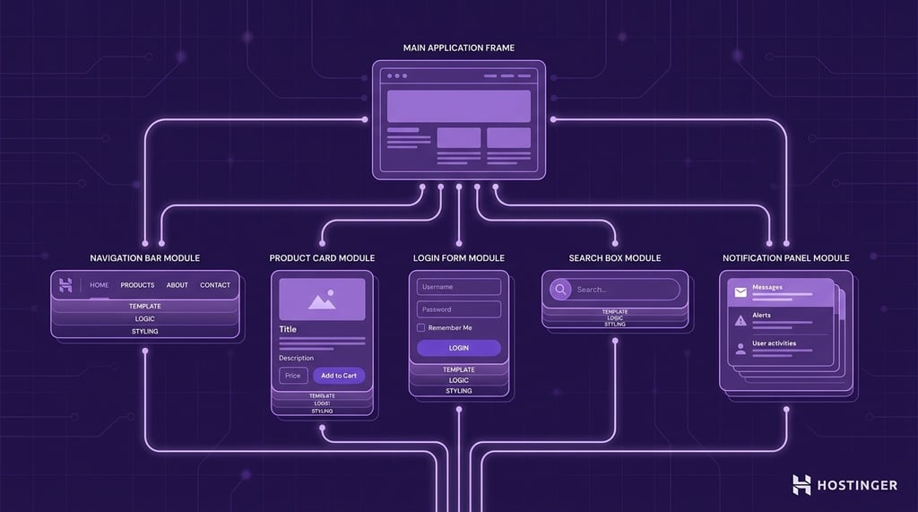 illustration showing a Vue.js reusable component architecture. A central application interface frame connects via branching lines to five distinct component modules &mdash; navigation bar, product card, login form, search box, and notification panel &mdash; each depicted as a layered rounded panel suggesting template, logic, and styling.