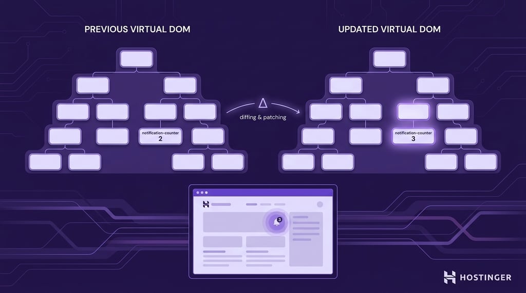 illustration showing Vue.js virtual DOM diffing process. Two mirrored DOM tree structures are compared side by side, with a single highlighted node representing a changed notification counter. A simplified browser mockup below shows only that element updating while the rest of the page remains static.