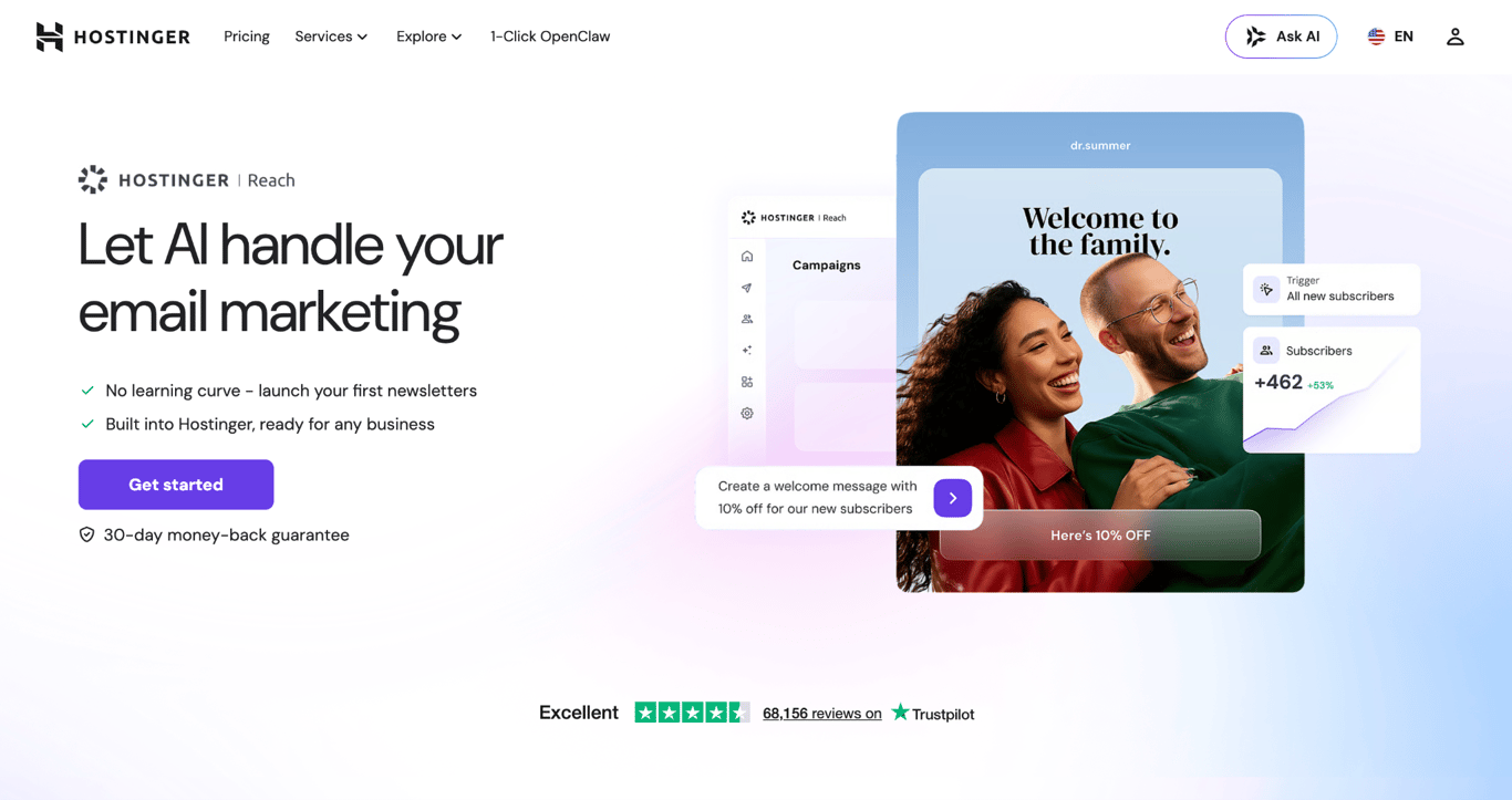 Hostinger Reach's landing page