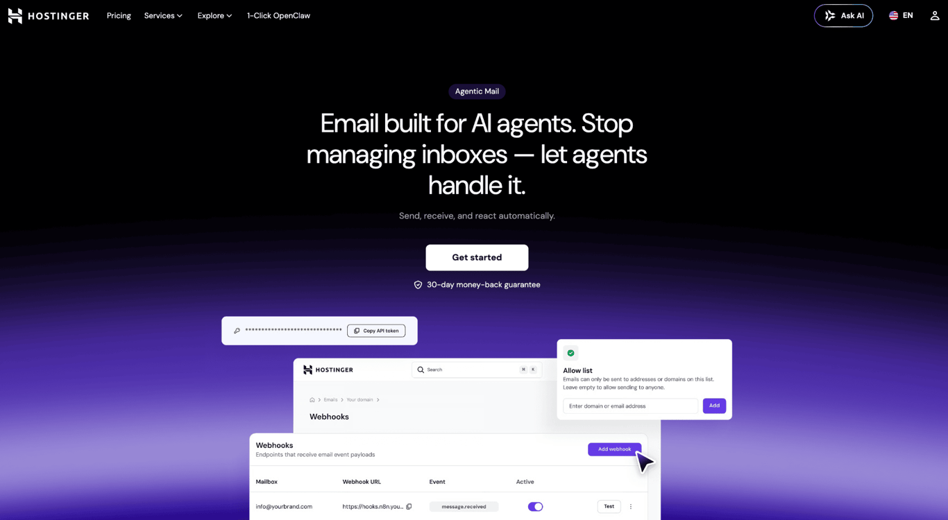 Hostinger Agentic Mail landing page with webhook configuration, API token, and allow list screenshots.