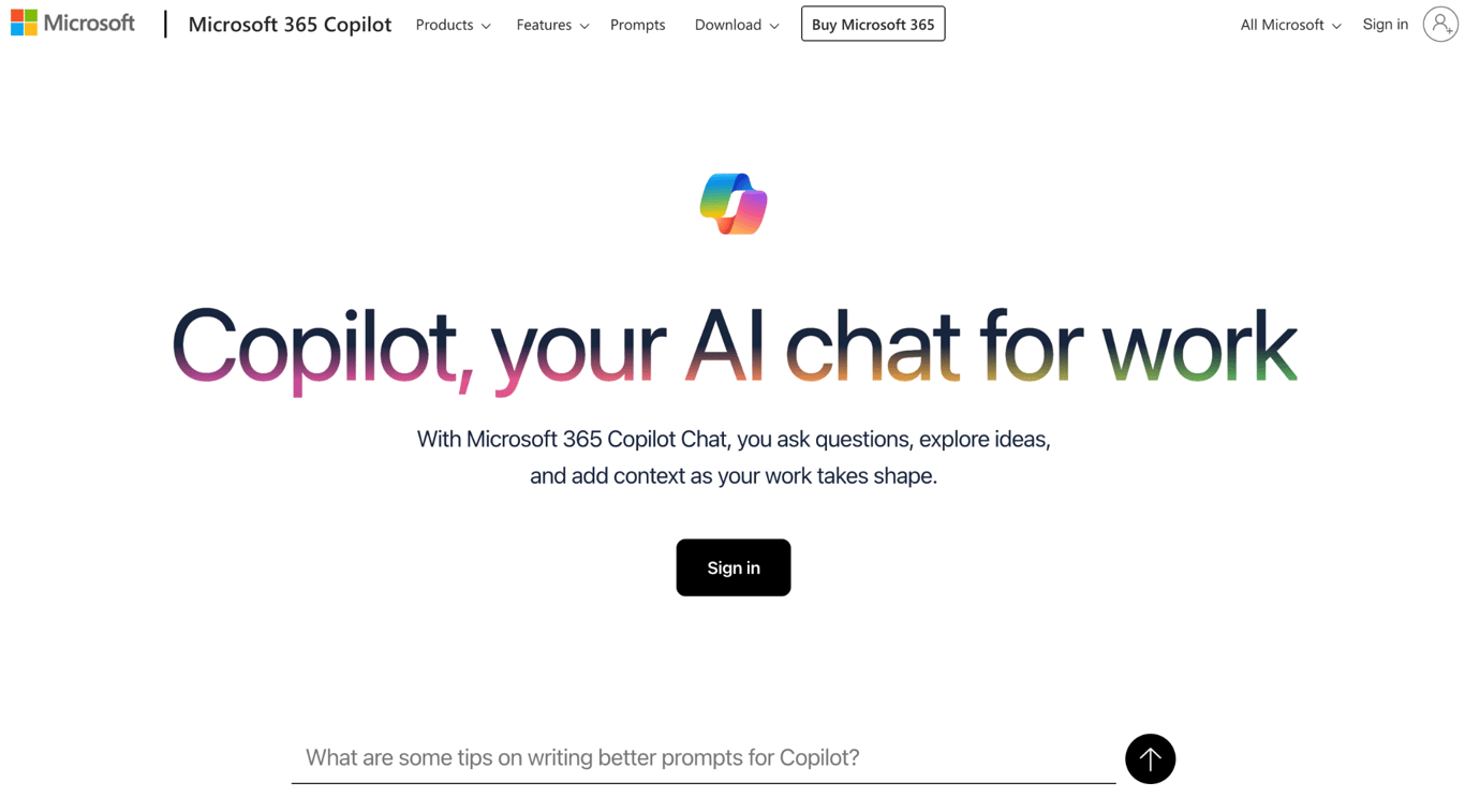 Microsoft 365 Copilot homepage with the headline 