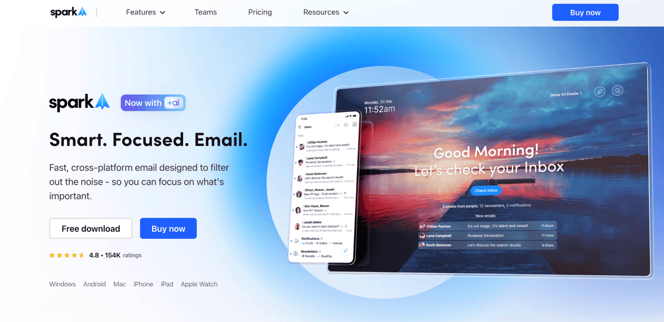 Spark homepage showing the smart inbox on mobile and desktop with categorized messages and notifications.