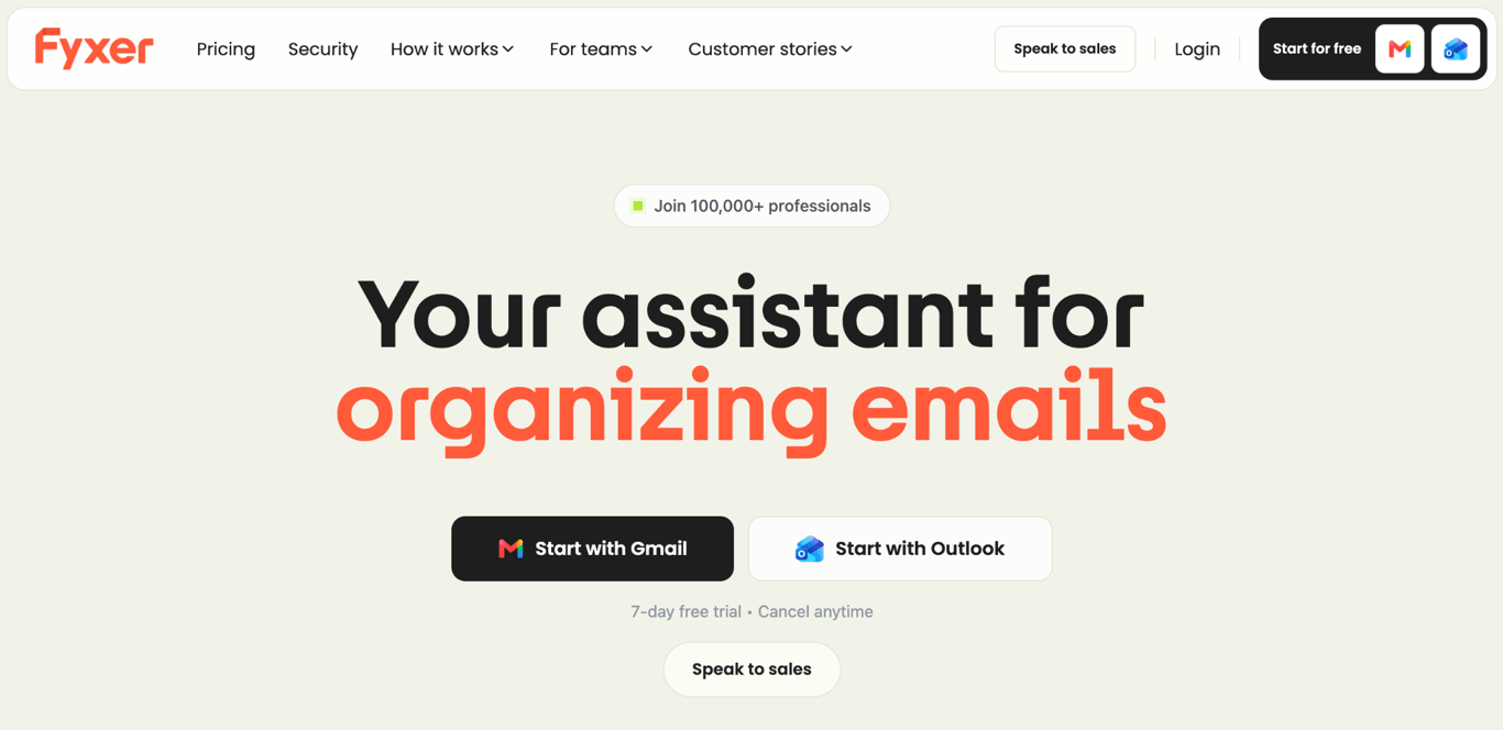 Fyxer homepage with Gmail and Outlook signup buttons and a 7-day free trial offer.
