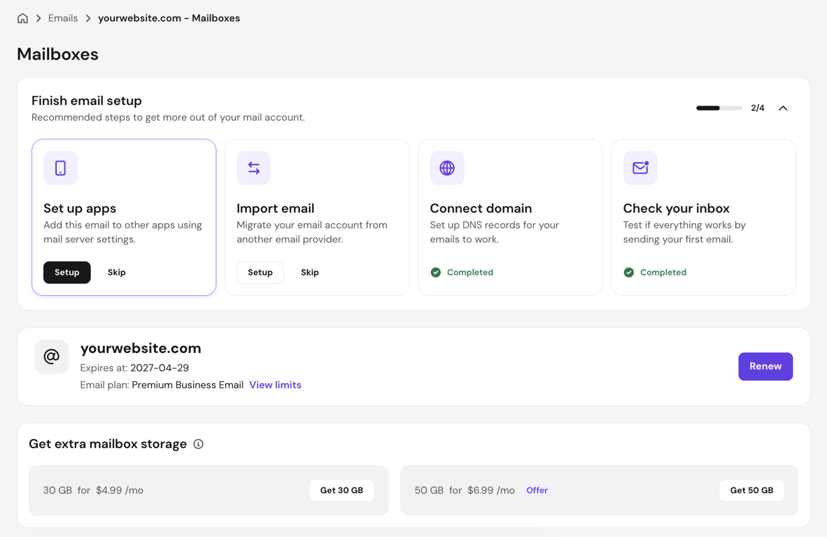 Hostinger hPanel mailboxes screen showing the Premium Business Email plan, email setup steps, and extra storage upgrade options