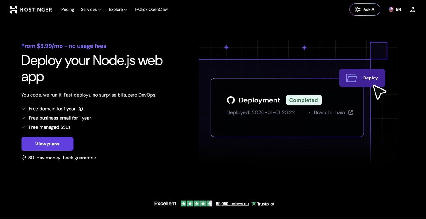 Hostinger Node.js hosting landing page