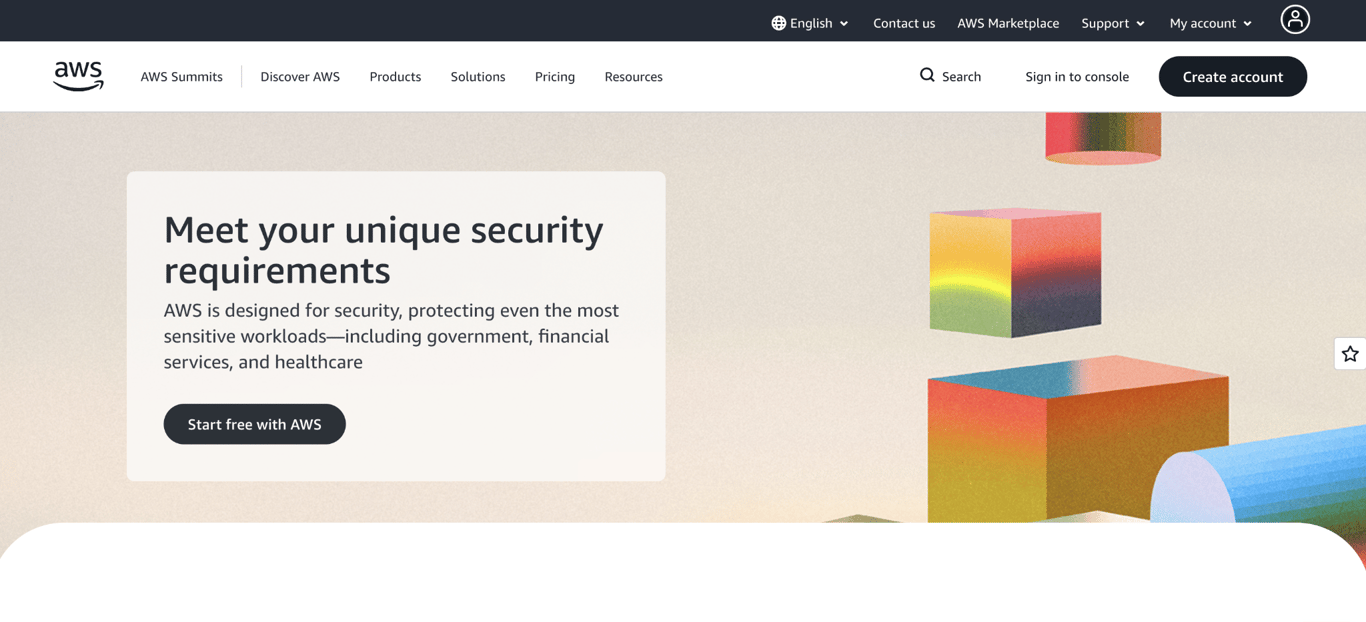 Amazon Web Services landing page