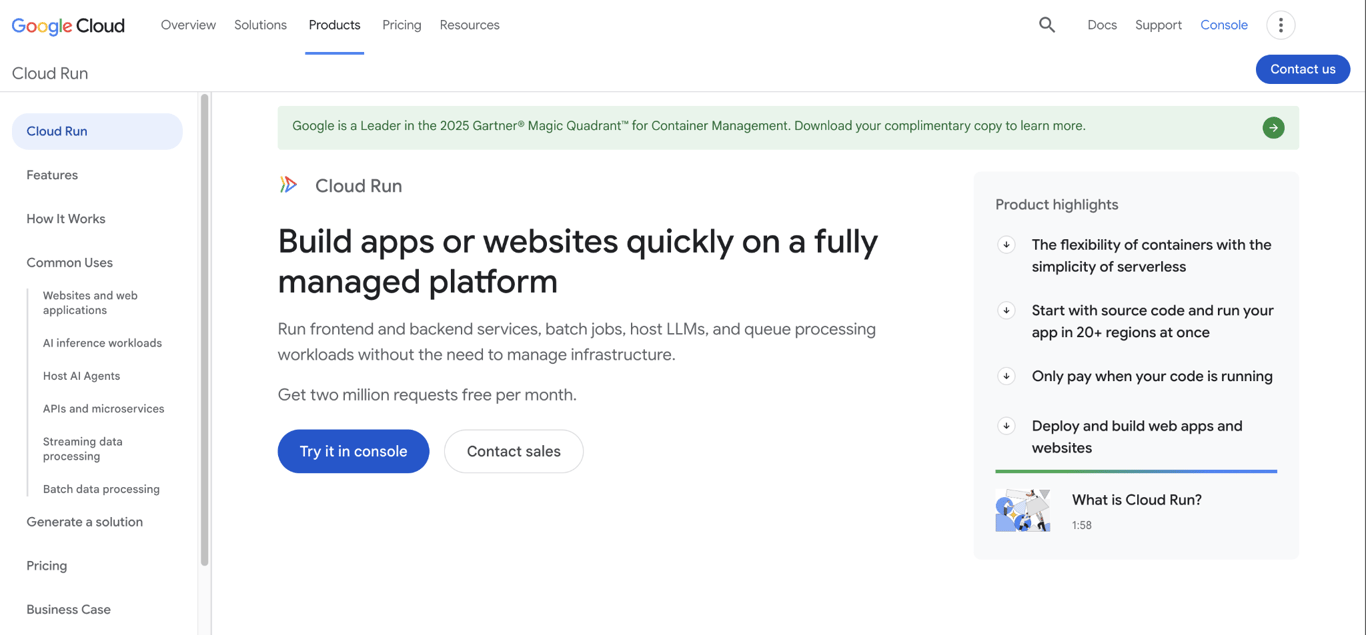 Google Cloud Run landing page
