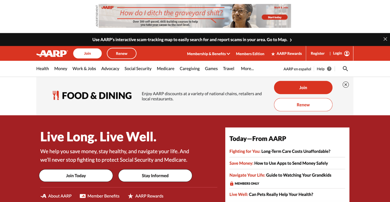 AARP landing page