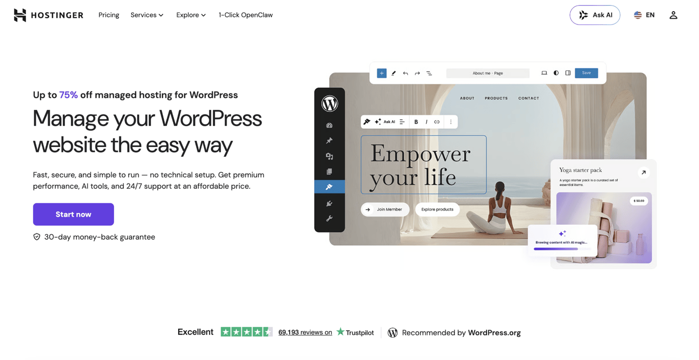 Hostinger Managed WordPress hosting landing page