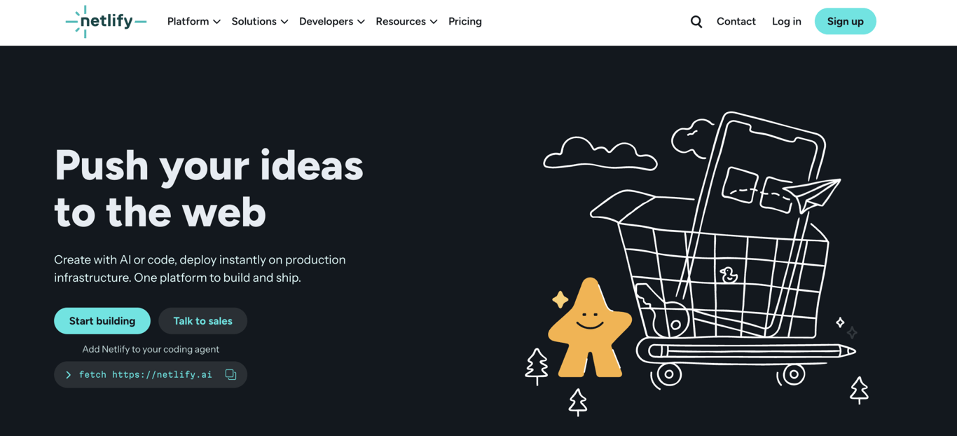 Homepage of Netlify, a hosting platform for static sites, Jamstack apps, and serverless functions.