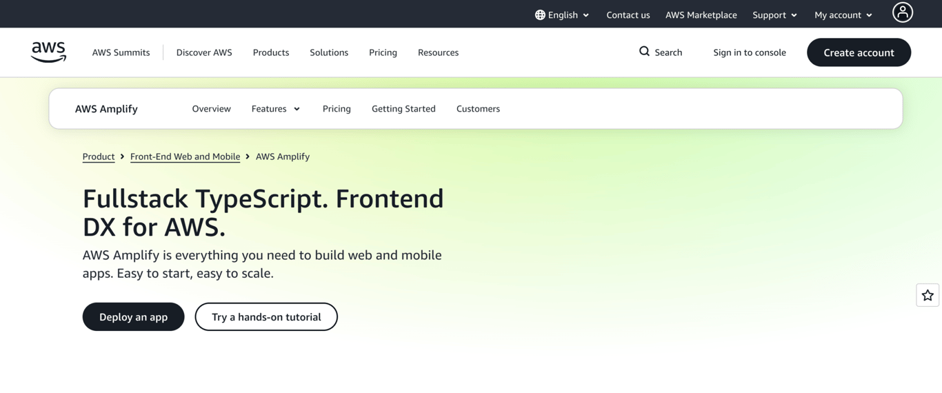 Homepage of AWS Amplify, a deployment and backend platform for Codex-generated frontend and full-stack apps built with modern JavaScript frameworks.