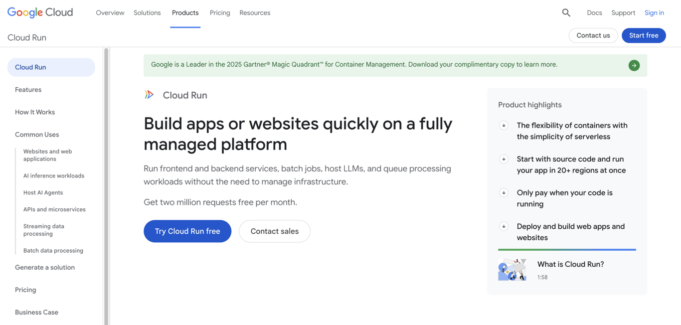 Homepage of Google Cloud Run, a serverless container platform for Codex-generated APIs, web services, microservices, and stateless apps.
