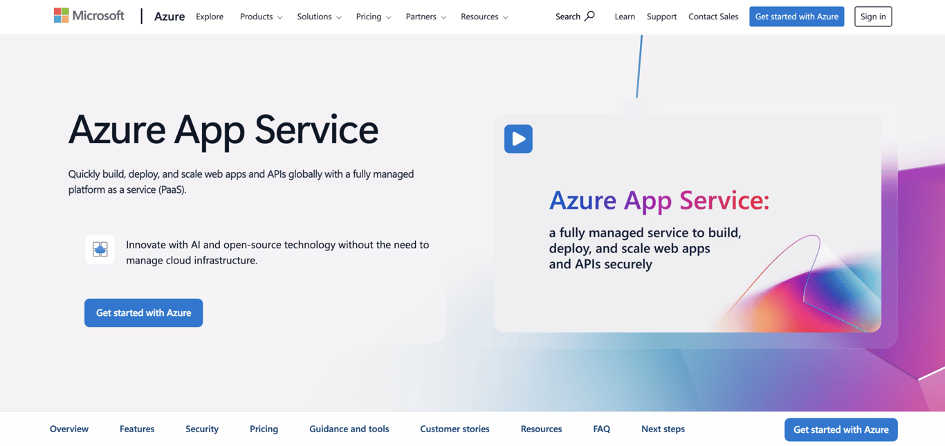 Homepage of Azure App Service, a managed Microsoft cloud platform for hosting Codex-generated web apps, APIs, containers, and enterprise applications.
