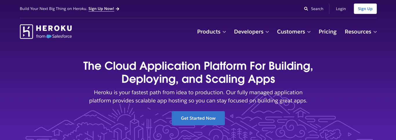 Homepage of Heroku, a mature platform-as-a-service for Codex-generated apps built with Node.js, Python, Ruby, Java, Go, PHP, and other common runtimes.