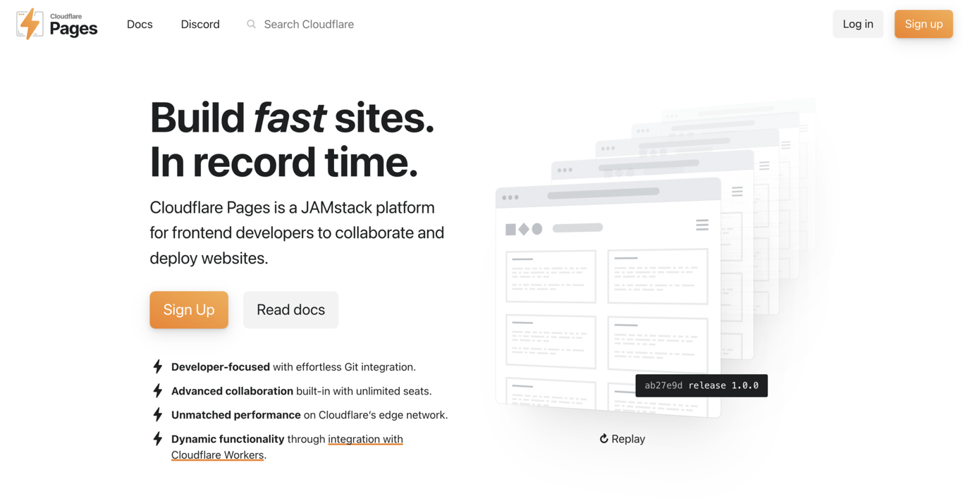 Homepage of Cloudflare Pages, a hosting platform for Codex-generated static sites, frontend apps, Jamstack projects, and edge-deployed experiences.
