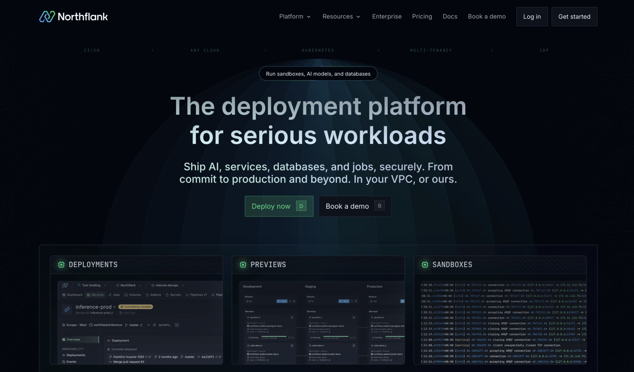 Homepage of Northflank, a cloud platform for deploying Codex-generated full-stack apps, containers, databases, jobs, and production services.