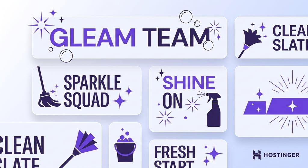 Modular panels displaying stylized cleaning business name fragments surrounded by abstract sparkle, mop, and bubble icons in a structured editorial layout.