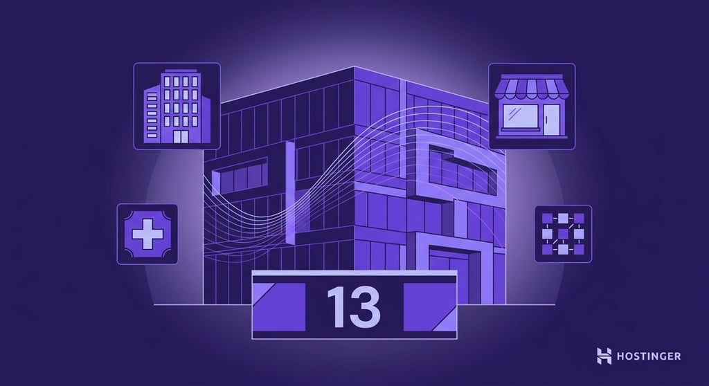 Office building facade with facility type icons and a stat callout representing 13 commercial cleaning business name options.