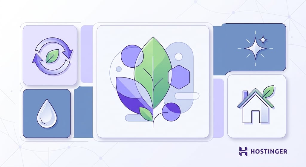 Leaf and home icons arranged in a modular grid alongside sustainability symbols representing eco-friendly cleaning business branding.